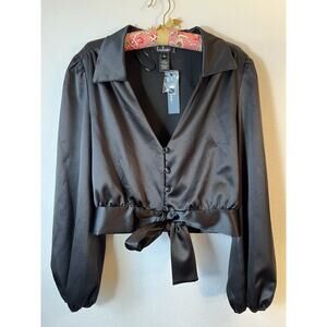 Lulu's Sz L Praiseworthy Pick Black Satin Button-Up Crop Top Business Casual